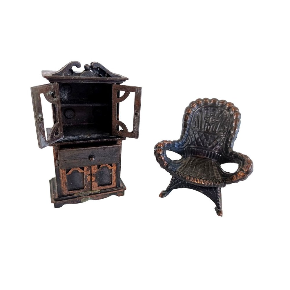 Vintage 1970's Bronze Die Cast Dollhouse Miniature 3" Cabinet & 2" Rocking Chair